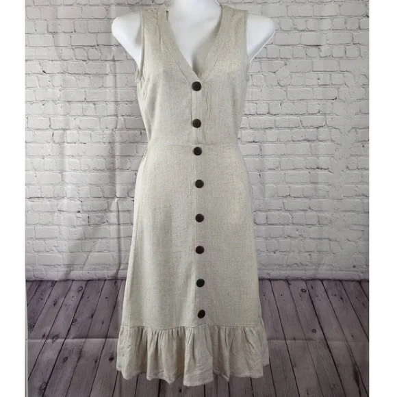 Monteau Dresses | Nwt Monteau Women's Sleeveless Button Tan Linen Blend Midi Tiered Dress Xs | Color: Tan | Size: Xs | Laceyannec's Closet Monteau Dresses | Nwt Monteau Women's Sleeveless Button Tan Linen Blend Midi Tiered Dress Xs | Color: Tan | Size: Xs | Laceyannec's Closet
